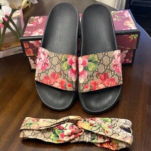 Gucci Floral Slide Sandals with Matching Headband